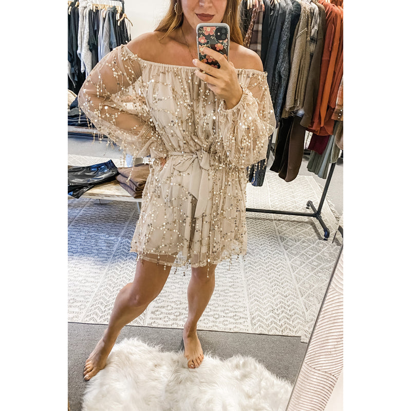 Gold Sequin Trim Off Shoulder Dress – Lily Love Boutique