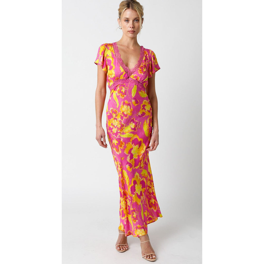 Pink and Yellow Lace Trim Maxi Dress