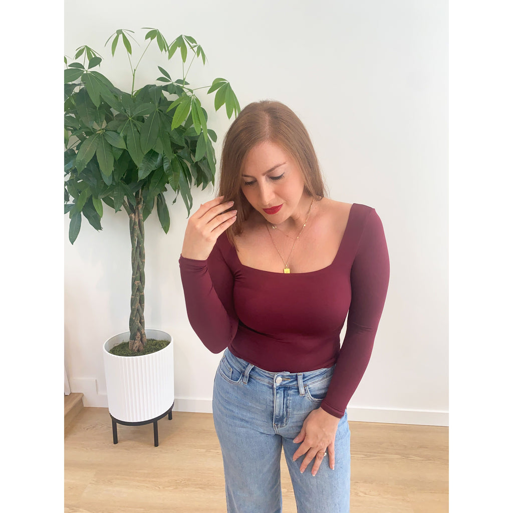 Burgundy Knit Square Neck Top