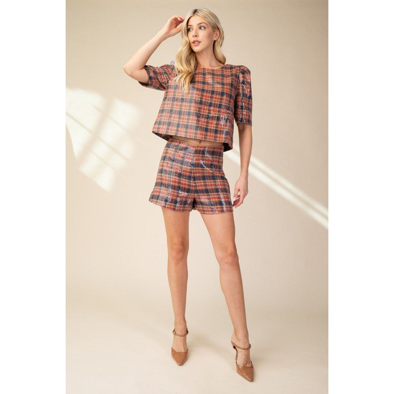 Brown Multi Plaid Sequin Top