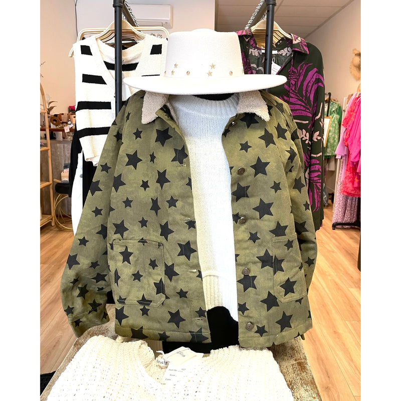 Olive and Black Star Print Sherpa Lined Jacket