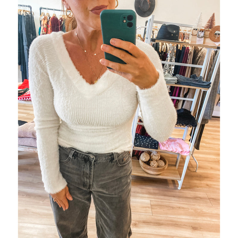 White Fuzzy Double V Neck Sweater