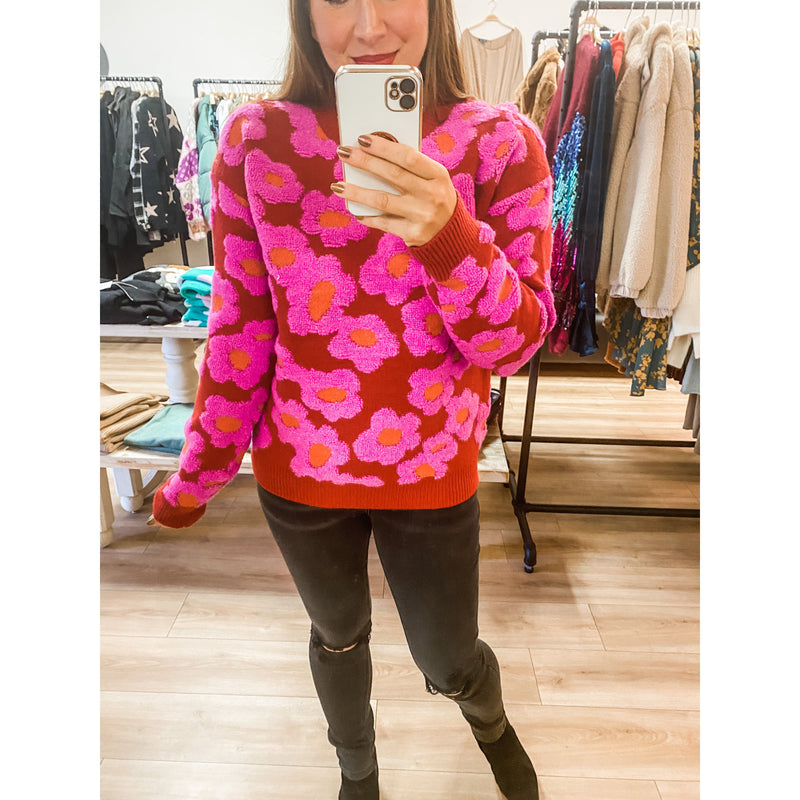 Pink and Red Sherpa Floral Sweater