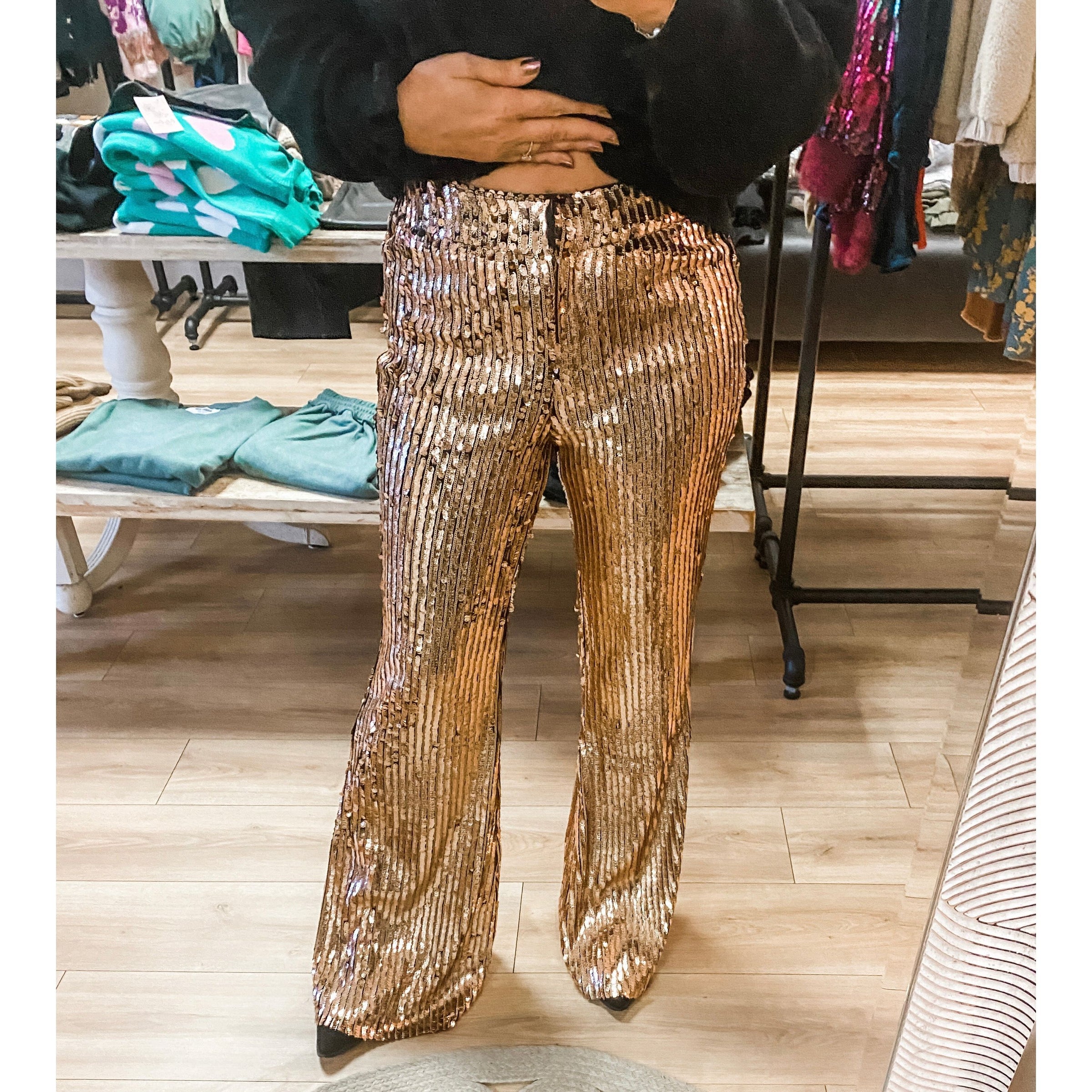 Solid Sequins Straight Long Pants – AROLORA