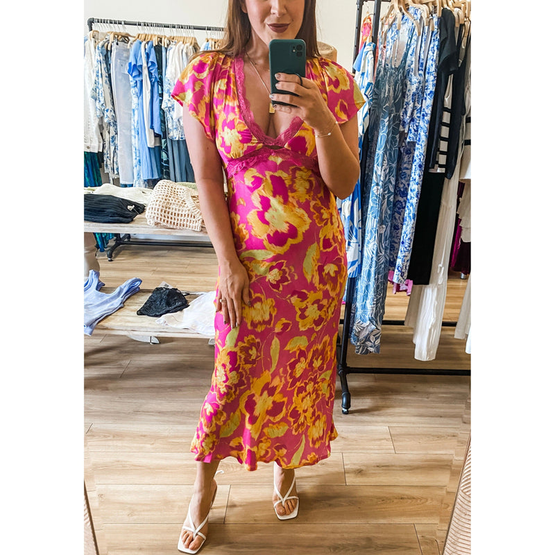 Pink and Yellow Lace Trim Maxi Dress